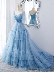 Blue v neck tulle long prom dress, blue tulle evening dress