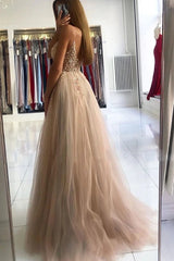 A Line V Neck Champagne Prom Dresses Beading Spaghetti Straps