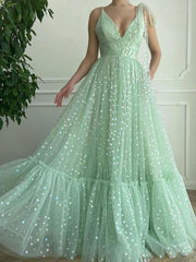 Green v neck tulle A line long prom dress, green evening dress