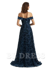 A-Line Off Shoulder Lace Velvet formal dresses evening gown Bridesmaid Dresses With Side Slit