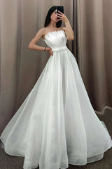 Strapless Pleated A-Line Long Wedding Dress with Sleeves