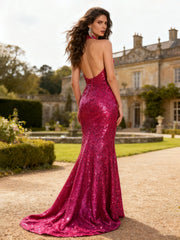 Figure-Hugging Sparkling Attire with Sweep Train Fuchsia