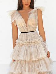 Aimishang A-Line Prom Dresses Elegant Dress Prom Sweep / Brush Train Sleeveless V Neck Tulle V Back with Ruffles