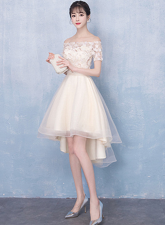 Champagne High Low Off Shoulder Tulle with Lace Prom Dress , Short Homecoming Dress