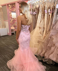 Vintage Pink Applique Strapless Sequin Evening Gown Mermaid Sweetheart Party Dress Long Formal Dress HZ1024