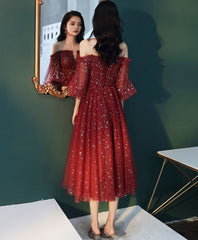 Burgundy tulle sequin short prom dress burgundy formal dress