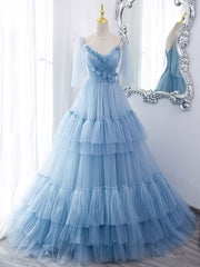 Blue v neck tulle long prom dress, blue tulle evening dress