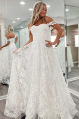 White Floral Lace Off-the-Shoulder A-Line Bridal Gown