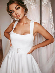 Simple White satin long prom dress white backless evening dress