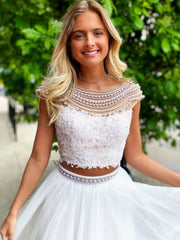 White round neck tulle lace long prom dress, lace evening dress