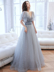 Gray v neck tulle long prom dress, gray A line evening dress