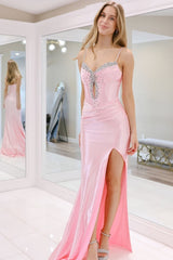Charming Mermaid V Neck Pink Satin Long Prom Dresses