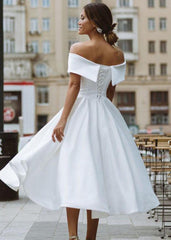 A-Line Satin Tea Length White Off the Shoulder Wedding Dress