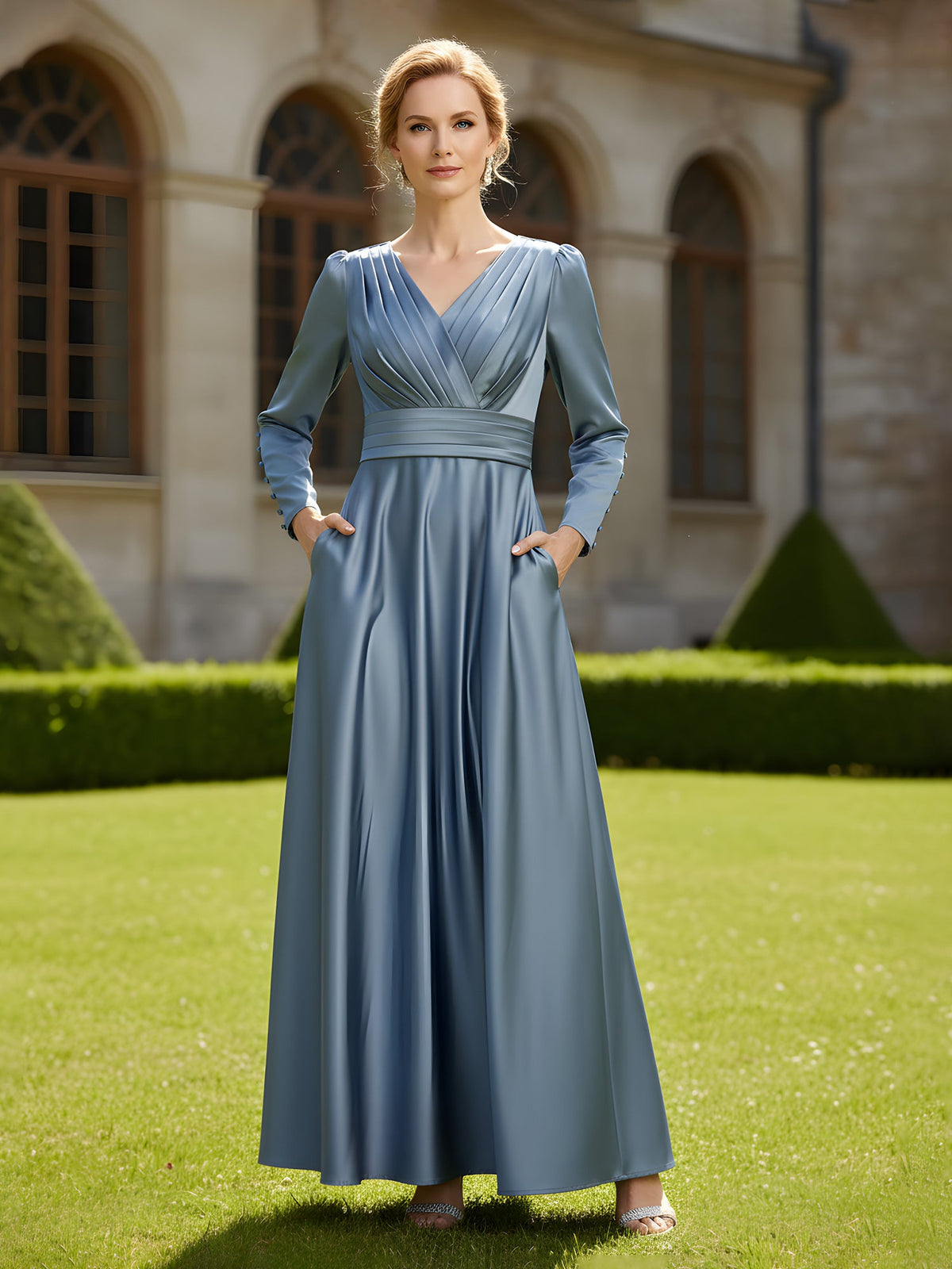 Elegant V-neck Pleated Satin A-Line Gown with Pockets Dusty Blue