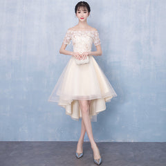 Champagne High Low Off Shoulder Tulle with Lace Prom Dress , Short Homecoming Dress