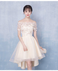 Champagne High Low Off Shoulder Tulle with Lace Prom Dress , Short Homecoming Dress