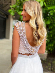 White round neck tulle lace long prom dress, lace evening dress