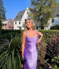 Sheath Spaghetti Straps Satin Prom Light Purple formal dresses Bridesmaid Dresses evening gown Prom Dress