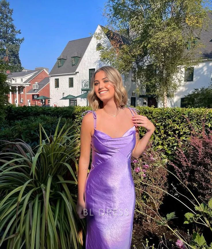 Sheath Spaghetti Straps Satin Prom Light Purple formal dresses Bridesmaid Dresses evening gown Prom Dress