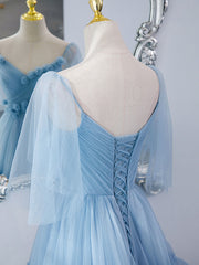 Blue v neck tulle long prom dress, blue tulle evening dress