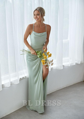 A Line Spaghetti Strap Pleated Tulle formal dresses Bridesmaid Dresses evening gown Prom Dress with Slit