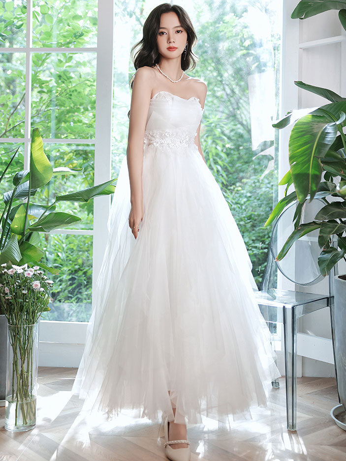 White sweetheart tulle tea length lace prom dress, lace evening dress