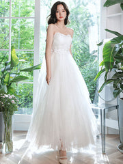 White sweetheart tulle tea length lace prom dress, lace evening dress
