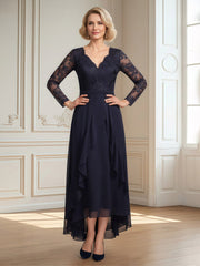 Sheer Long Sleeve Lace Bodice Hi-Low Dress Dark Navy
