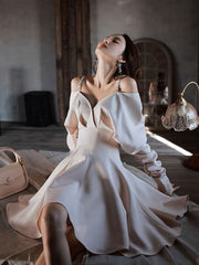 Satin V Neck Short Prom Dress, Long Sleeves Cocktail Dresses