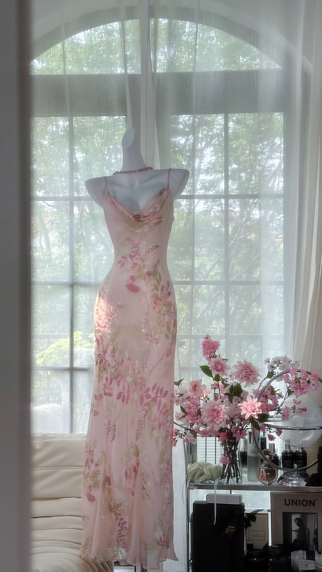 Retro Pink Floral Spaghetti Strap Romantic Chiffon Evening Dress Prom Dresses HZ1024