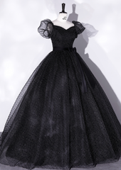Black A-Line Tulle Long Prom Dresses, Black Formal Sweet 16 Dress