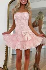 Cute Strapless A-Line Sequins Appliques Short Homecoming Dress with Ruffles