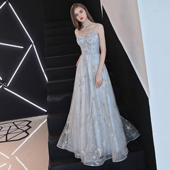 Beautiful Grey-Blue Straps Sweetheart Tulle Long Party Dresses, A-line Formal Dresses