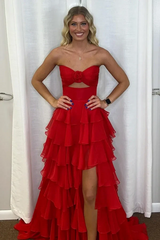 A-Line Strapless V-Neck Layered Chiffon Sleeveless Formal Prom Dress