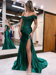 Mermaid Off Shoulder Satin Lace Long Prom Dress, Formal Evening Dress