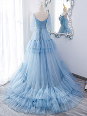 Blue v neck tulle long prom dress, blue tulle evening dress