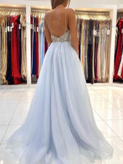 Light blue tulle long prom dress, blue beads long evening dress