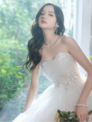 White sweetheart tulle tea length lace prom dress, lace evening dress