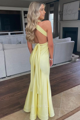 Mermaid V Neck Open Back Yellow Long formal dresses Bridesmaid Dresses evening gown Prom Dress