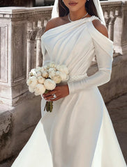 Two Piece One Shoulder Long Sleeve Floor Length Satin Bridal Gowns With Sash Wedding Dresses / Ribbon Beading