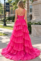 Gold Tulle Sequin One-Shoulder Ruffle Long Prom Dress with Slit