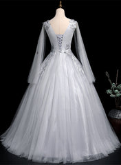 Grey V-neckline Ball Gown with Lace and Flowers Party Dress, Grey Sweet 16 Dress