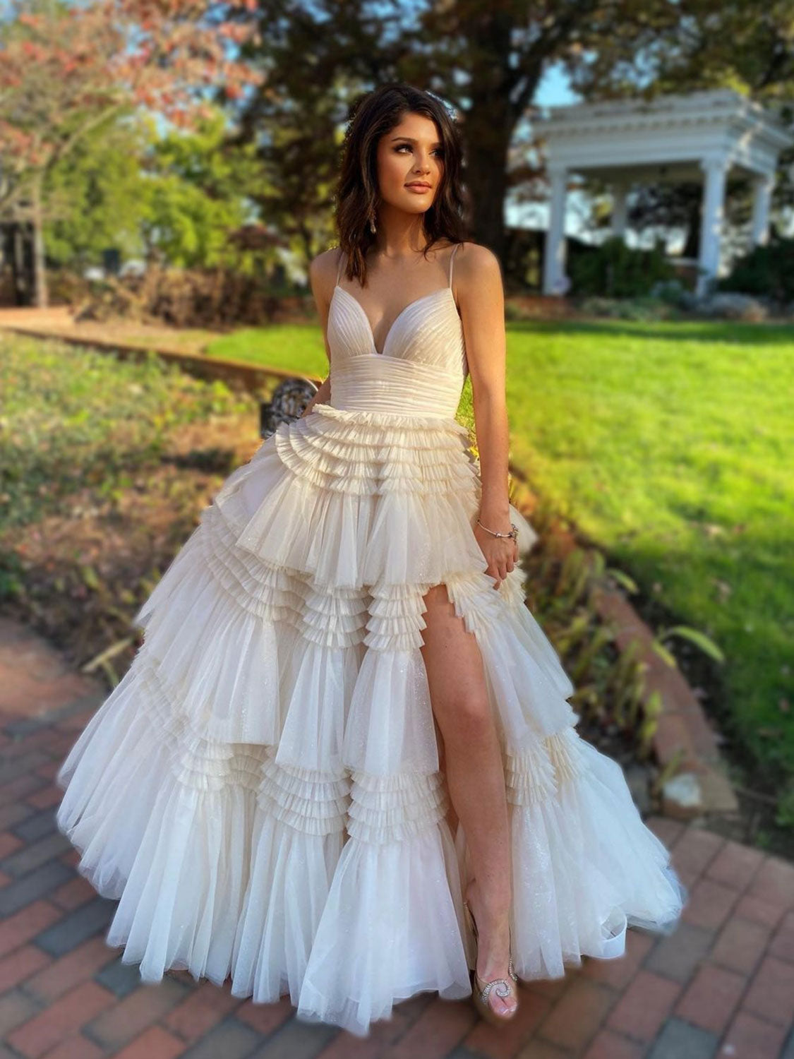 Light champagne tulle long prom dress, champagne evening dress