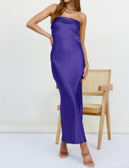Navy Strapless Satin Tube Bodycon Backless Formal Prom Dress
