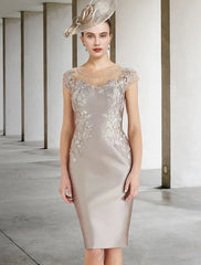 Sheath / Column Mother of the Bride Dress Wedding Guest Luxurious Elegant Jewel Neck Knee Length Lace Charmeuse Cap Sleeve with Beading Appliques Fall