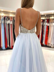 Light blue tulle long prom dress, blue beads long evening dress