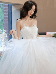 White sweetheart tulle tea length lace prom dress, lace evening dress
