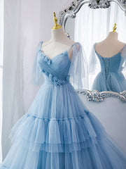 Blue v neck tulle long prom dress, blue tulle evening dress