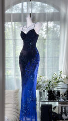 Gorgeous Navy Blue Sparkling Beaded V-neck Elegant Mermaid Chiffon Evening Dress Prom Dresses HZ1024