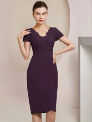 Two Piece Mother of the Bride Dress Formal Wedding Guest Elegant V Neck Knee Length Chiffon Lace Short Sleeve Jacket Dresses with Appliques